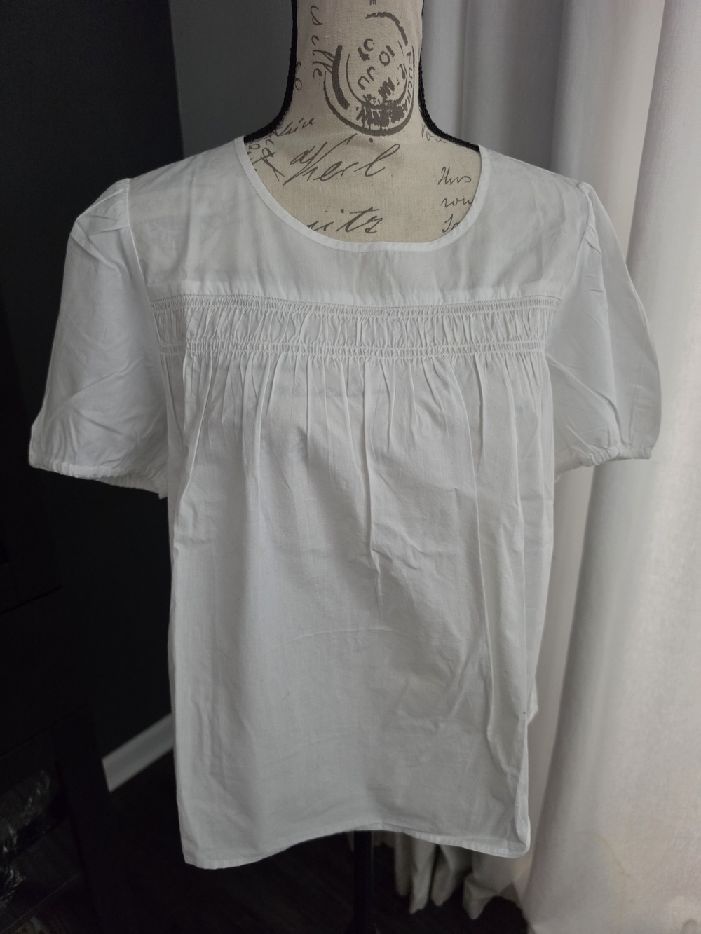 J. Crew White Smocked Cotton Short-Sleeve Blouse